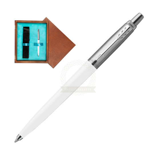 Długopis Parker Jotter Originals Biały w pudełku drewnianym Mahoń Single Turkus