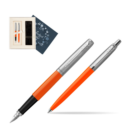 Zestaw Prezentowy Parker Pióro Wieczne + Długopis Jotter Originals Orange w pudełku Wesołych Świąt granatowe