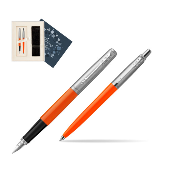 Zestaw Prezentowy Parker Pióro Wieczne + Długopis Jotter Originals Orange w pudełku Merry Christmas granatowe