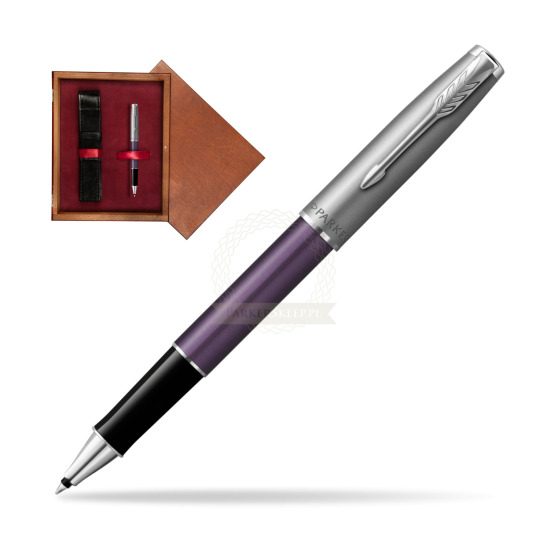 Pióro kulkowe Parker Sonnet Sand Blasted Metal Violet CT w pudełku drewnianym Mahoń Single Bordo