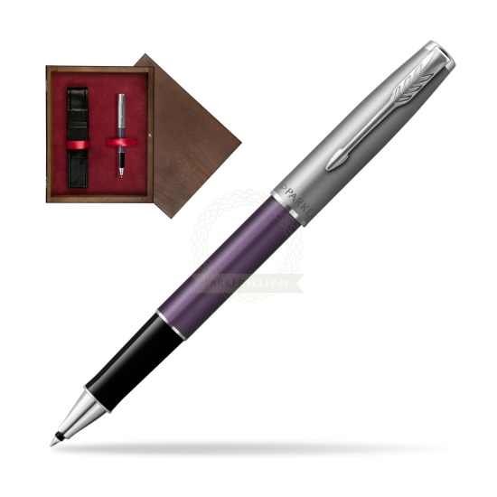 Pióro kulkowe Parker Sonnet Sand Blasted Metal Violet CT w pudełku drewnianym Wenge Single Bordo